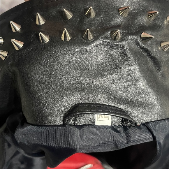 Studded Red and Black Faux Leather Moto Jacket - Picture 8 of 8